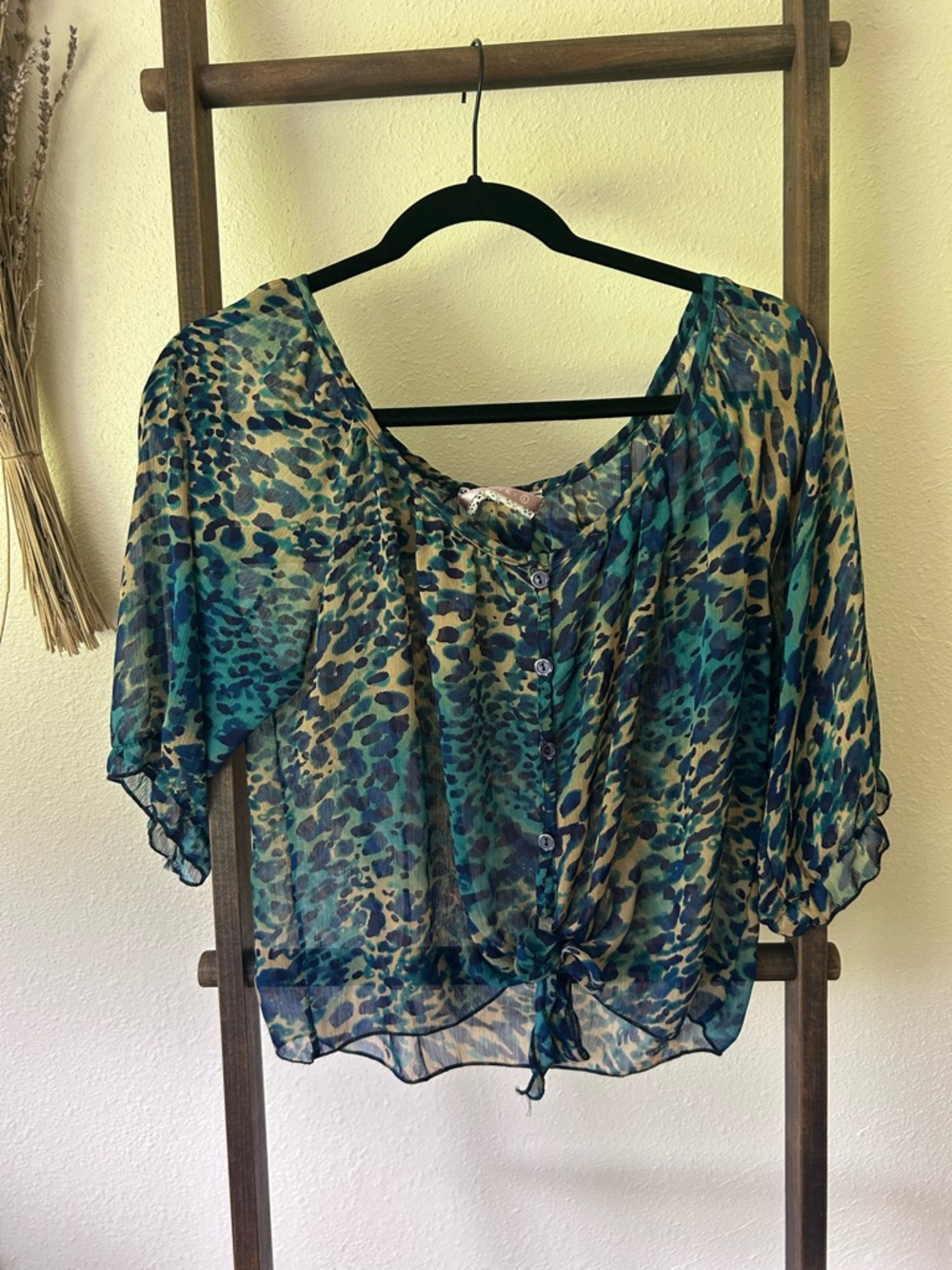 Mauve Sheer Teal and Blue Animal Print Tie-Front Blouse